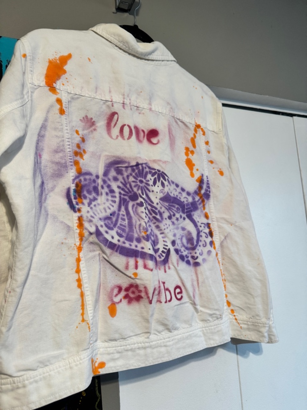 Custom Hand Painted White Linen Jacket Graffiti Streetwear Artsy Boho L - Picture 6 of 8
